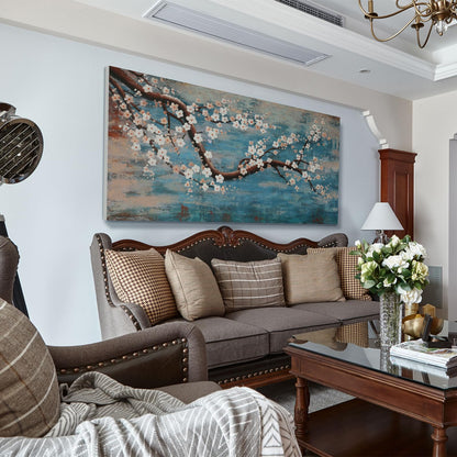 Large Canvas Wall Art for Living Room- 100% Hand-Painted Oil Painting with Texture, Extra Large Gallery Wrapped Floral Plum Blossom Tree Artwork Blue Teal Lake Wall Picture for Bedroom, Office Decor