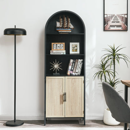 VIPLUMI Arched Bookcase Book Shelf with Doors, 5 Tier Display Bookshelf Tall Cabinet with Storage, Industrial Floor Standing Bookshelves Open bookcases for Home Office, Living Room(Oak&Black)