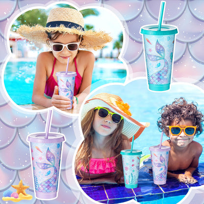 Uiifan 24 Pcs Mermaid Party Cups with Lid and Straw 24oz Mermaid Birthday Decorations Tail Shell Starfish Reusable Cup for Birthday Baby Shower Ocean Party Supplies