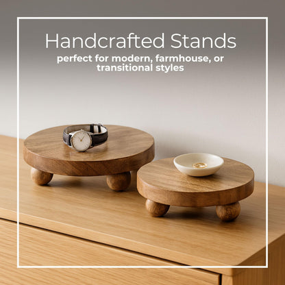 Set of 2 Round Wooden Riser Trays – Handcrafted Mango Wood Pedestal Stands – Rustic Decorative Home Decor for Modern Coffee Table, Kitchen, or Office – 10", Brown
