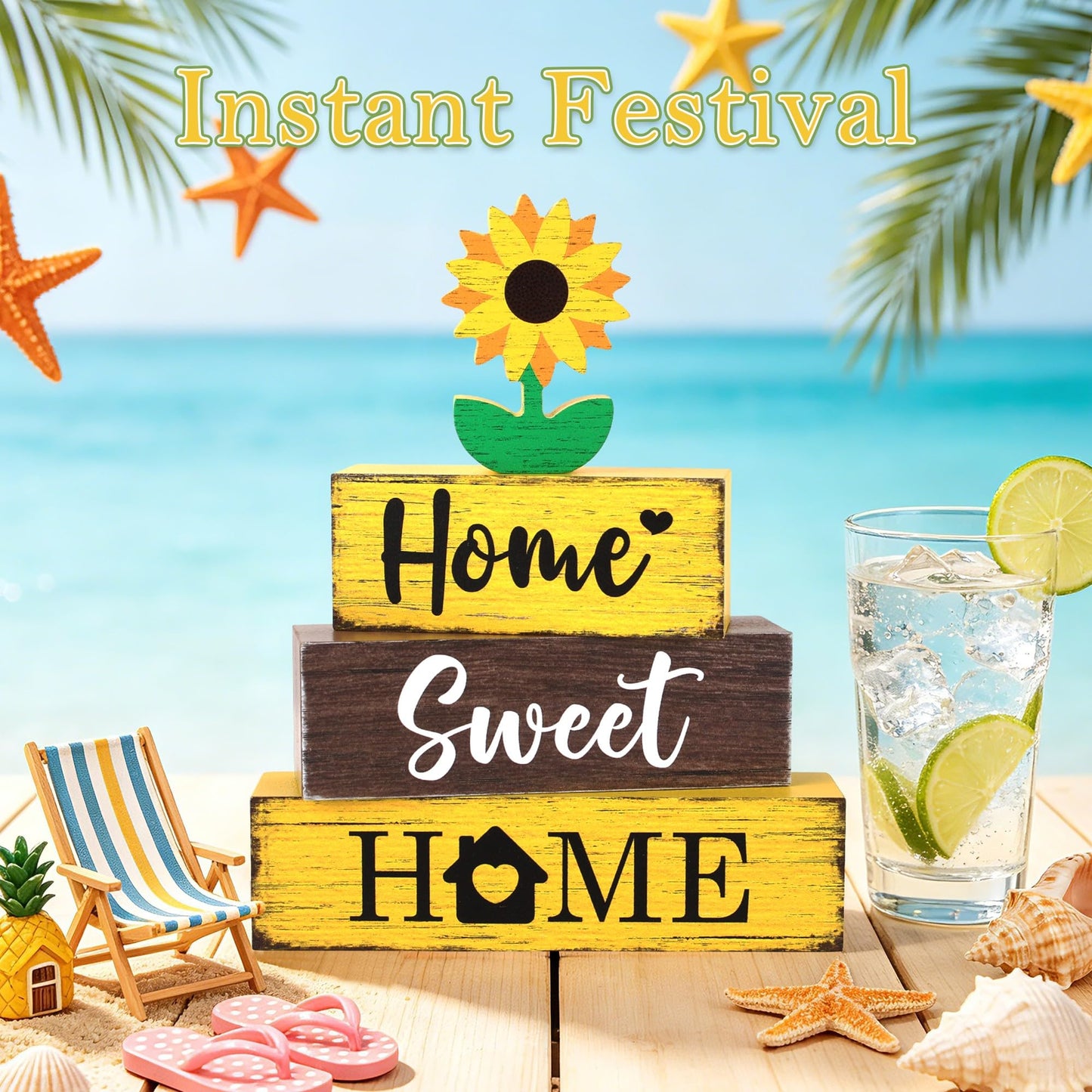 4 Pcs Sunflower Wooden Tiered Tray Decor, Sunflower Sunshine Decorations Gifts for Home, Summer Table Centerpiece for Coffee Bar Beach Party Kitchen