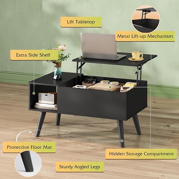 WLIVE Coffee Table for Living Room, Small Coffee Table with Storage, Lift Top Modern Wooden Dining Center Table with Storage Shelf & Hidden Compartment, 31.5" Black