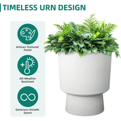 Autodaya 16.75" Tall Pedestal Planters Set of 2, Modern 2-in-1 White Terrazzo Urn-Style Flower Pots, UV-Protected Large Plant Containers for Indoor/Outdoor Garden Patio Balcony Decor