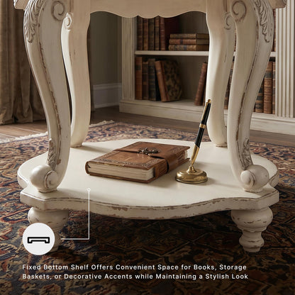 Signature Design by Ashley Realyn Round End Table, Cottage-Style Side Table with Antiqued Two-Tone Finish, Wood & Veneer Construction for Living Room or Bedroom, White/Brown