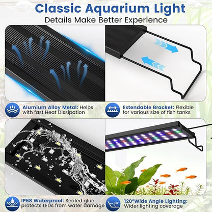 AQQA Aquarium Plant Light Full Spectrum LED Fish Tank Light IP68 Waterproof with 24/7 Natural Mode & DIY RGBW Mode, 9 Colors & 10-Level Brightness Adjustable, 6 Timer Settings for 18"-24" Tank (18W)