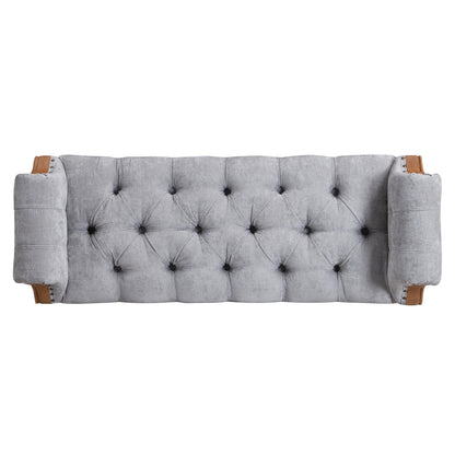 Christopher Knight Home Yordle Button-Tufted Linen Upholstered End of Bed Ottoman, Wooden Living Room Ottoman Bench with Nailhead Trim, Long Entryway Bench with Rolled Arms, Gray + Brown