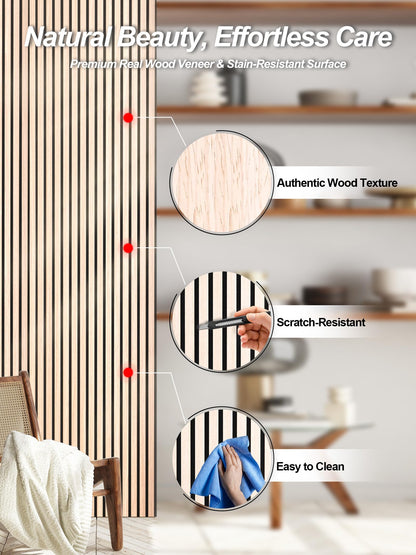 Mollywell Wood Panels for Wall, Time-Saving Installation, Versatile Wood Slat Wall Decor, Enhanced Acoustic & Sound Proof Fluted Design for Home & Office, 2 Pcs White Oak, 47.2x23.6 Inch