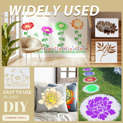 12Pcs Large Flower Stencils for Painting on Wood Fence, 14 Inch Reusable Fence Stencil, Peony Floral Stencils on Wall Wood Floor Canvas Paper Furniture Fabric