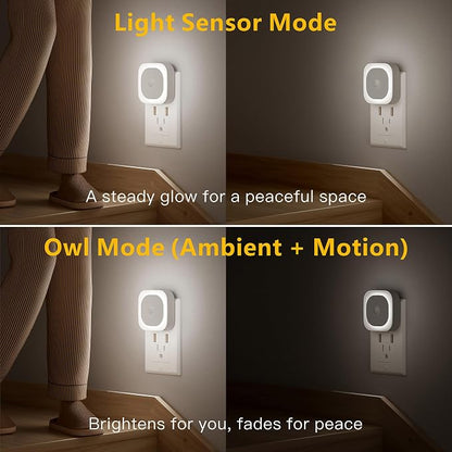 YUNLEX 2 Pack Plug in Night Light with Motion Sensor & Dusk to Dawn Sensor, 3 Sensor Modes, Night Lights Plug into Wall, Auto ON/Off, Dimmable Nightlight for Bathroom, Stairs, Kitchen, Cool White