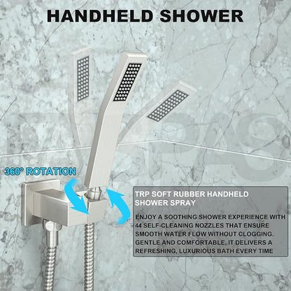 Brushed Nickel Shower System with 10-Inch Rain Showerhead and Tub Spout | cUPC-certified pressure balance brass valve to prevent scalding, CEC-certified air injection technology for low pressure