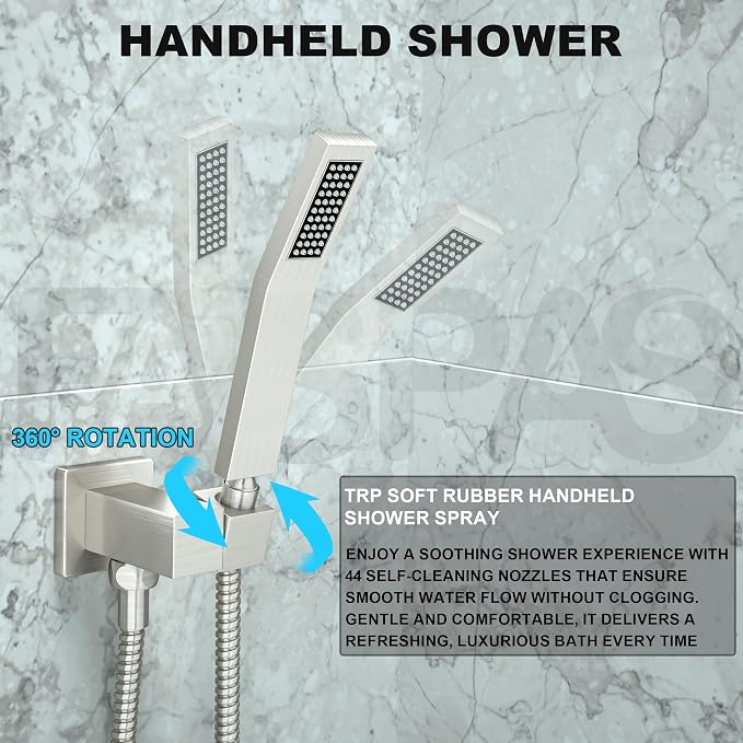 Brushed Nickel Shower System with 12-Inch Rain Showerhead and Tub Spout | cUPC-certified pressure balance brass valve to prevent scalding, CEC-certified air injection technology for low pressure