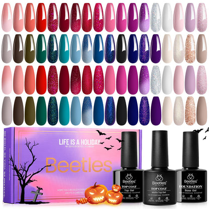 Beetles Halloween Gel Nail Polish - 39 Pcs Jelly Nail Set Glitter Changing Nail Polish Kit Treasure Box Collection with 3Pcs Base Matte and Glossy Top Soak Off Nails