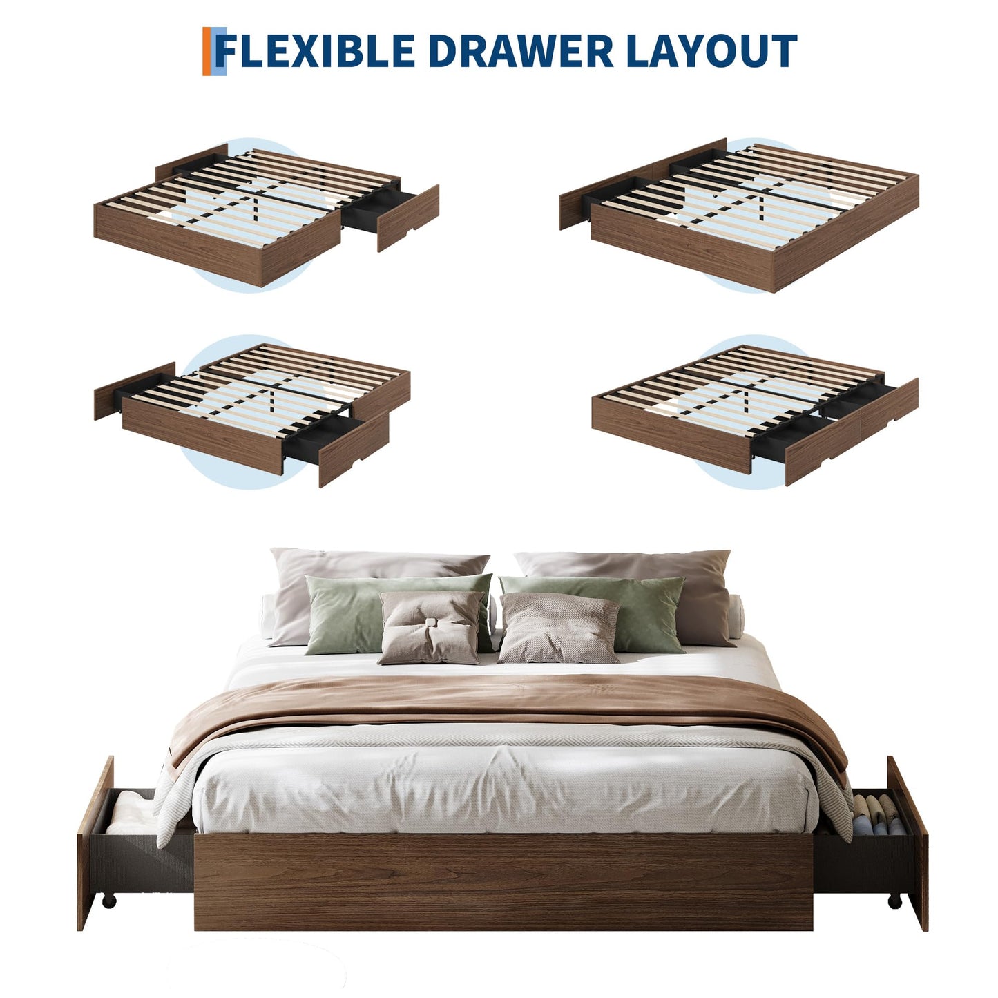 IDEALHOUSE Full Bed Frame with 2 Storage Drawers, Wooden Bed Frame Without Headboard, Minimalist Floor Platform Bed, Wood Slat Support, Noise Free, No Box Spring Needed, Easy Assembly