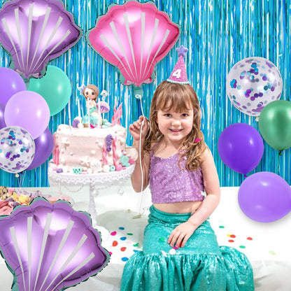 SNLN 139Pcs Mermaid Birthday Party Decorations Supplies for Girl Kid, Mermaid Balloon Arch & Backdrop Tablecloth Fringe Curtain Tail Shell Star Foil Balloon, Princess Themed Mermaids Party Decoration