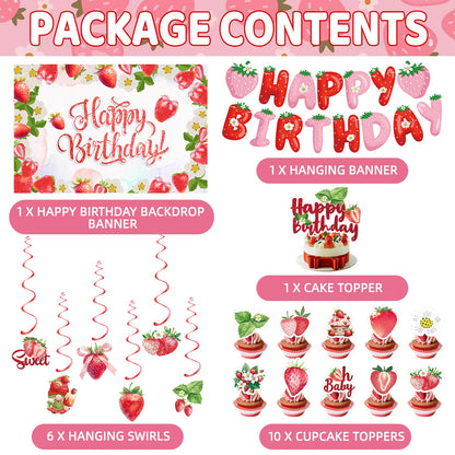 Strawberry Birthday Party Decorations Set - Cute Backdrop Banner, Hanging Banners, Swirls Streamers,Cake & Cupcake Toppers, Sweet Theme Party Supplies Kit for Girls, Kids, Baby Shower