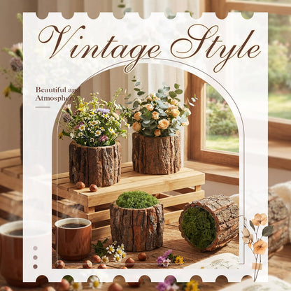 RimCereal 8 Set Wooden Vase for Centerpieces Wedding Flower Table Centerpieces Decor Rustic Bark Stump Bucket Farmhouse Wood Planter Pot for Woodland Party Window Home (Fake Green Moss,Large)
