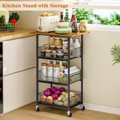 ThreeHio Rolling Kitchen Microwave Cart with Fruit Baskets, 4 Tier Microwave Table Stand with Storage, Kitchen Storge Shelf on Wheels Small Rolling Cart Organizer Rack for Pantry, Living Room