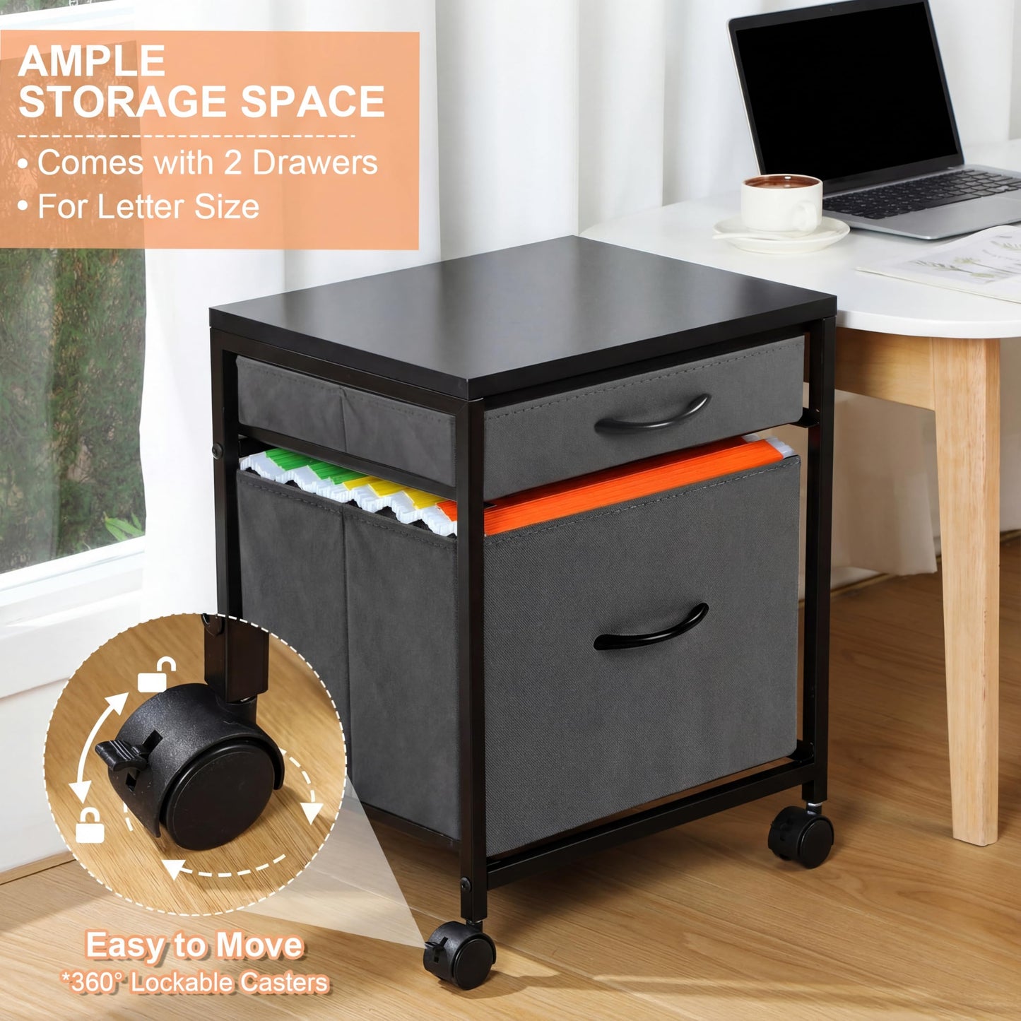 AceOrbit Printer Stand Rolling Mobile File Cabinet Cart with 2 Fabric Drawers A4 Letter Size Beside, Vertical Filing Cabinet on Lockable Wheel with Storage Under Desk for Home Office(Gray)