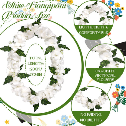 Gosodeny White Hawaiian Plumeria Leis 48" Graduation Artificial Necklace Leis for Graduation Hawaiian Luau Party Accessories Beach Party Favors Grad Gift Party Decor Supplies