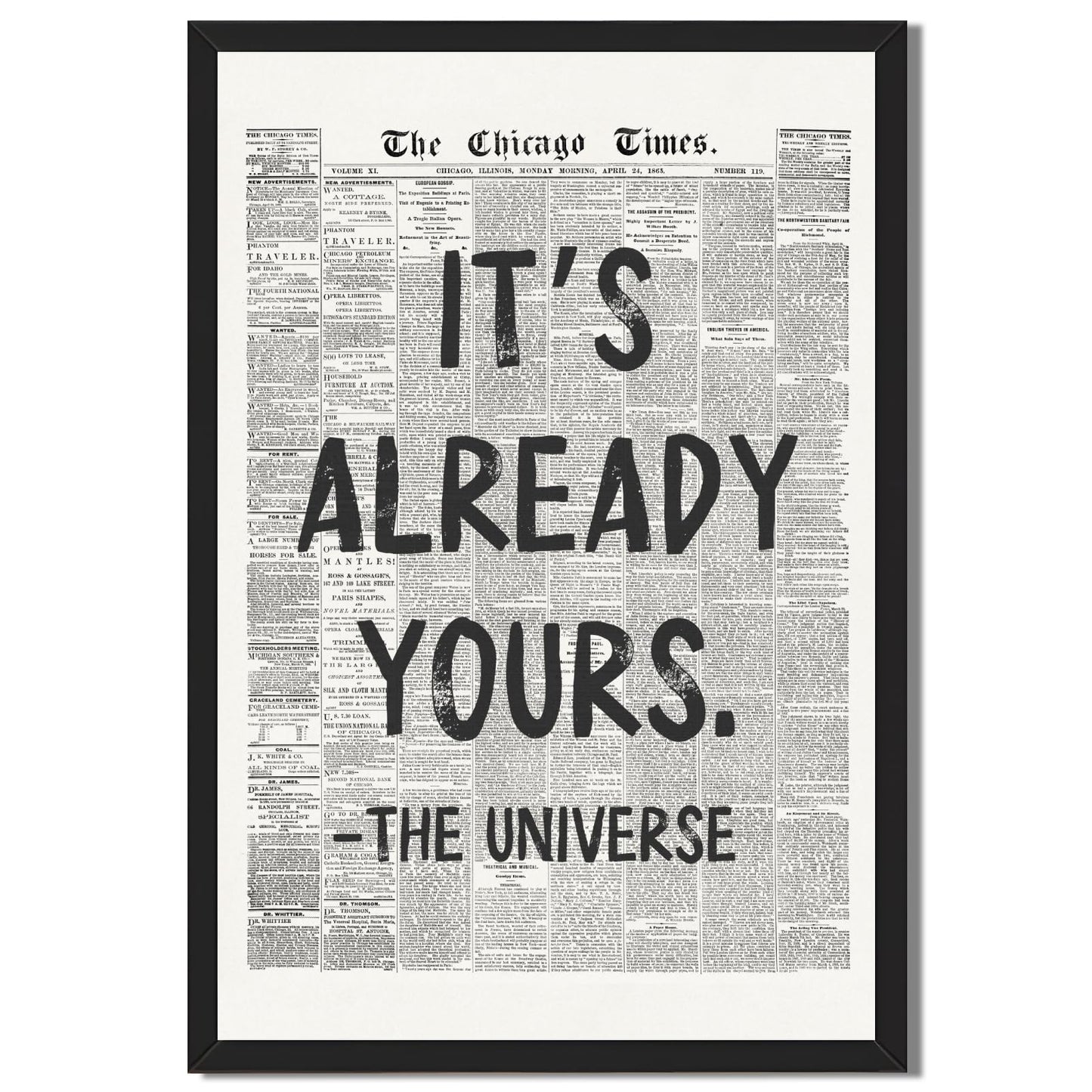 Licpach Retro Black and White Newspaper Wall Art It’s Already Yours – The Universe Positive Quote Poster Inspirational Canvas Print Motivational Wall Decor for Office Bedroom 8x12inch Black Frame
