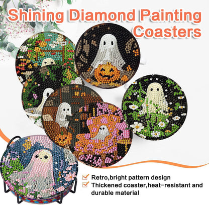 8 Pack Halloween Diamond Art Coasters Kits, Halloween Diamond Painting Coasters Kit with Holder, DIY Ghost Diamonds Art Non Slip Coaster Crafts Kits for Adults Gifts 4x4 inch (Cork Wooden Pad)