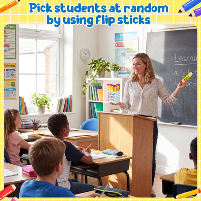 CJiangpo 51Pcs Back to School Pencil Flip Name Sticks with Wooden Notebook Line Holder, Talking Flip Name Sticks for Classroom Management Educational Learning Activity Grouping Back to School Supply