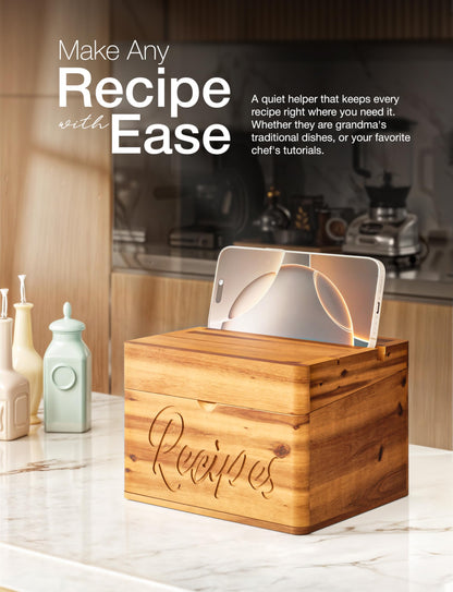 Tidita Acacia Recipe Box with Recipe Cards 4x6 - Wooden Box with Dual Slot, 2 Compartment - Comes with 100 Index Card 4x6, 8 Dividers - 2in1 Recipe Slot and Smartphone Holder - No Assembly Required