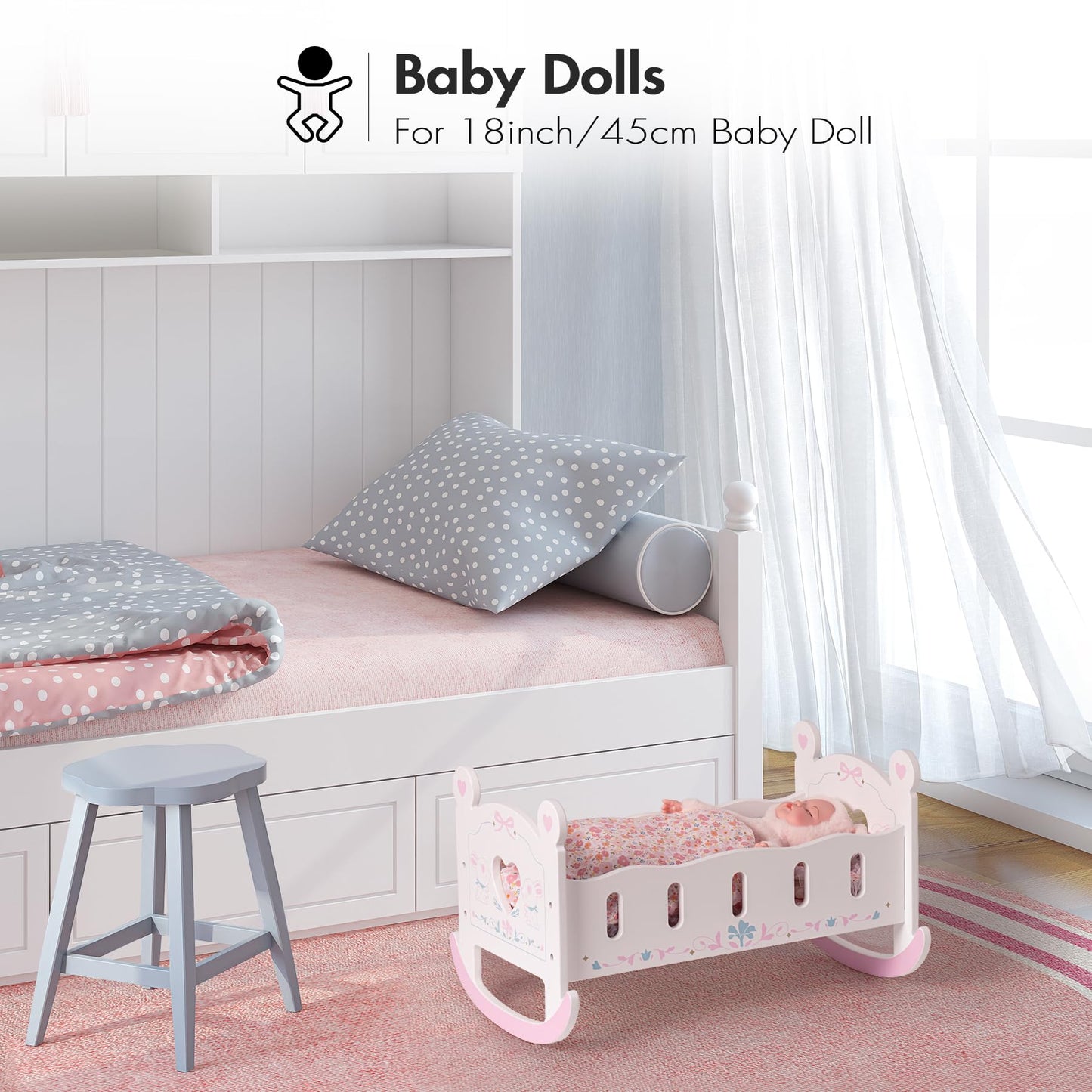 ROBOTIME Wooden Baby Doll Crib, Doll Cradle Bed for 18-24 Inch Dolls, Baby Doll Crib Set with Blanket and Pillow, Toy Doll Bed for Girls Ages 3+
