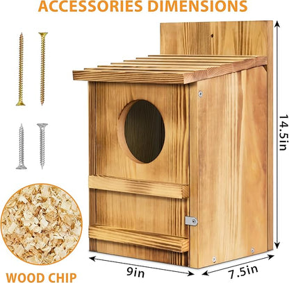 Screech Owl House, Owl Bird Box Large Handmade Wooden Circular Opening Screech Box for Outside with Mounting Screws and A Bag of Wood Shavings, Easy Assembly Required (Brown, 9" x 14.5")