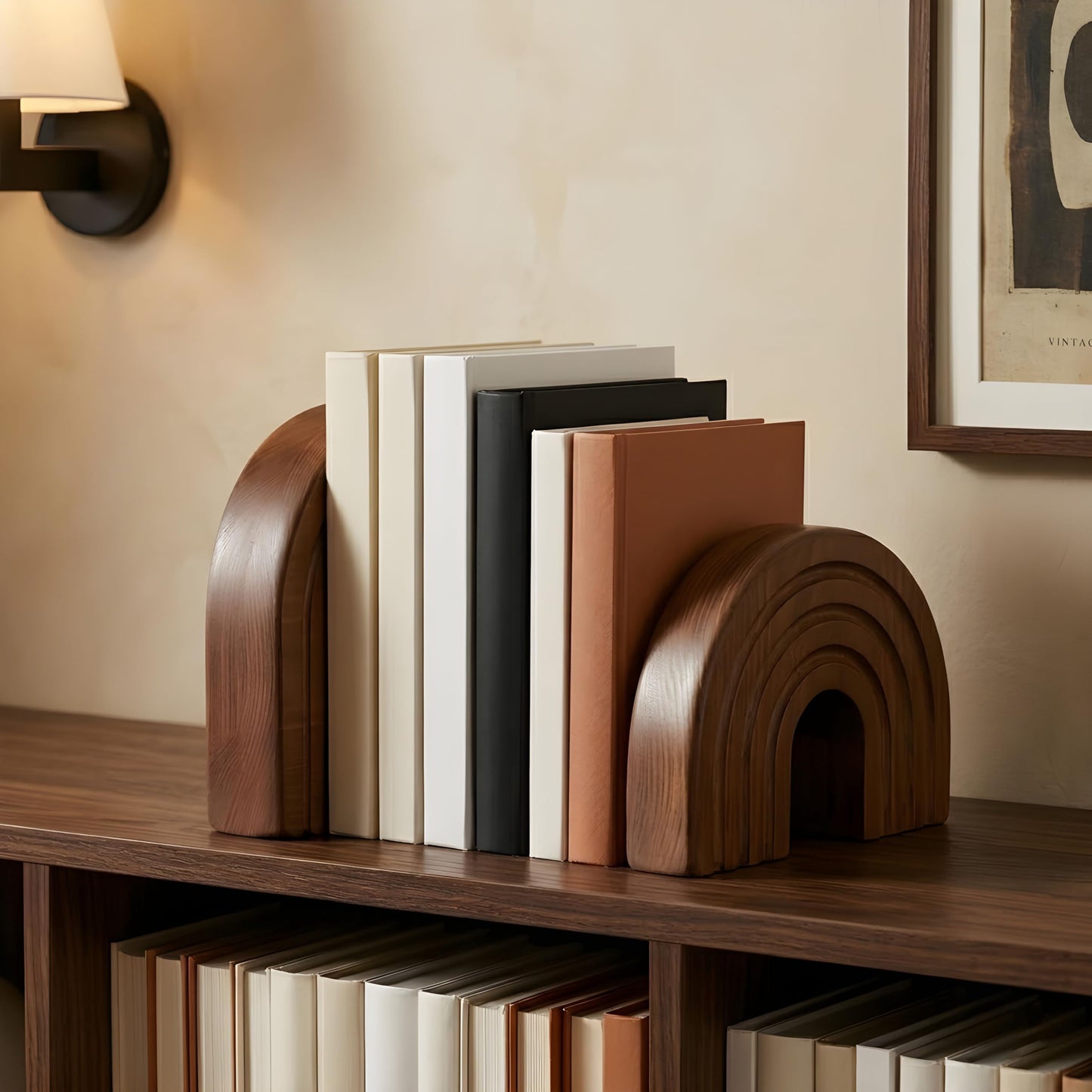 JADENIO 2Pcs Boho Decor Book Ends, Minimalist Wooden Arch Bookends for Shelves - Modern Farmhouse Decor for Living Room, Bedroom, Office & Dining Table
