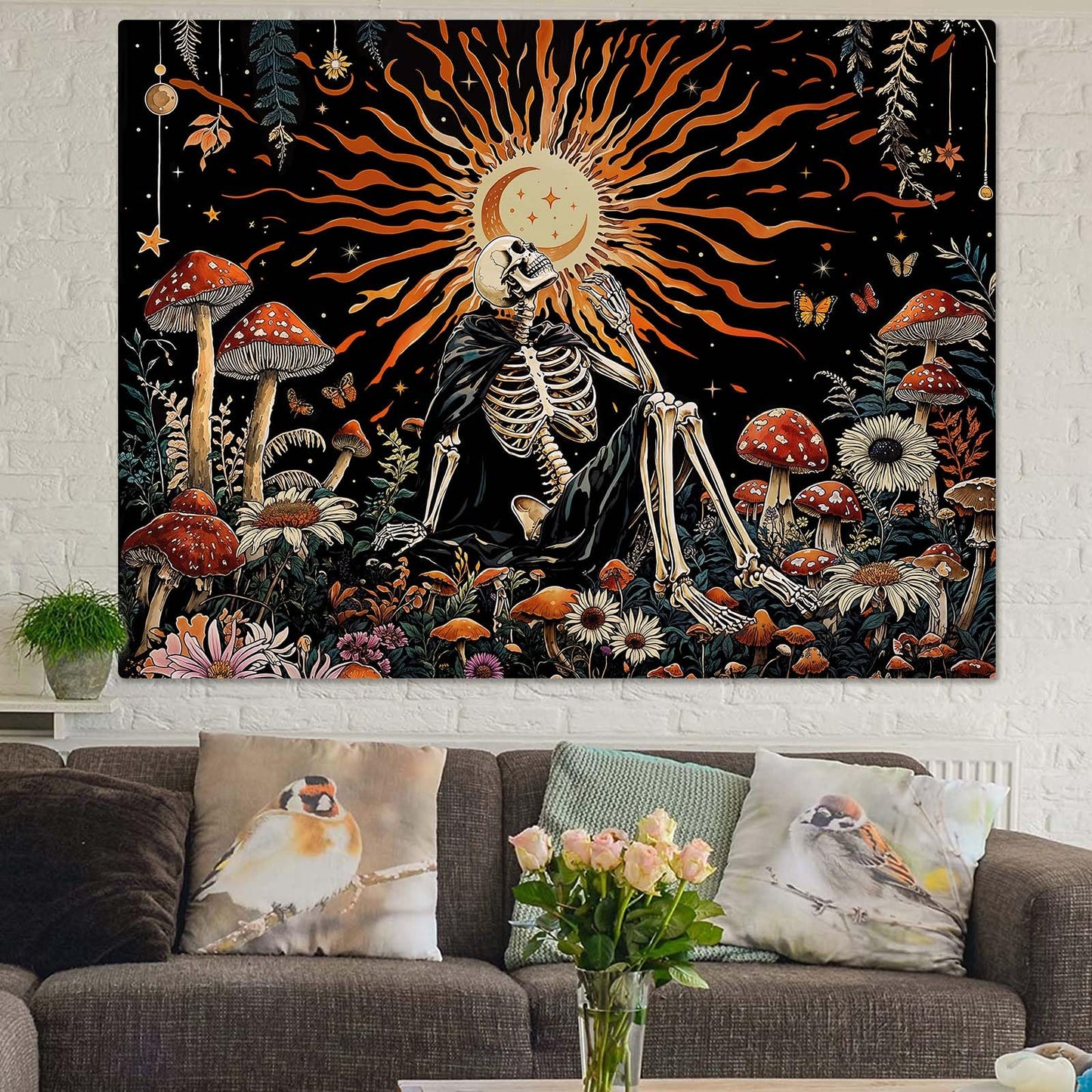 Kanuyee Fantast Meditating Skeleton Tapestry Mushroom Wall Art Tapestries Gothic Boho Room Decor Aesthetic Wall Hanging for Bedroom Dorm Living Room Fantasy Art 90x70 Inch