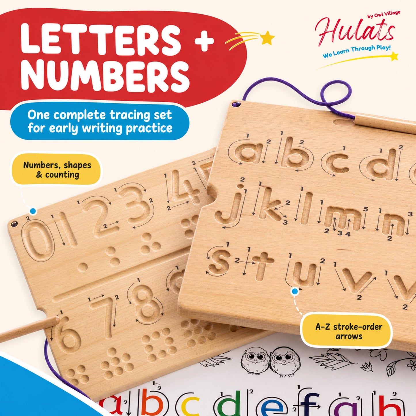 Hulats Learn to Write - Number & Letter Tracing Boards with Direction Arrows - Montessori Wooden Alphabet & Numbers Board Set, Ages 3-5 - Deep Grooved Handwriting Practice, Screen-Free