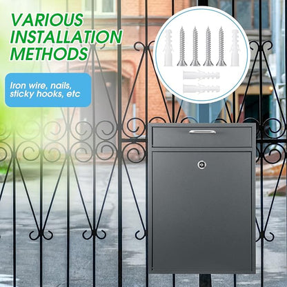 Yaocom Locking Mailbox with Key for Outdoor 16.2 x 11.2 x 4.7 Inches Large Wall Mount Mail Box with Lock Security Mail Drop Metal Collection Boxes Hanging Secure Postbox(Dark Gray)