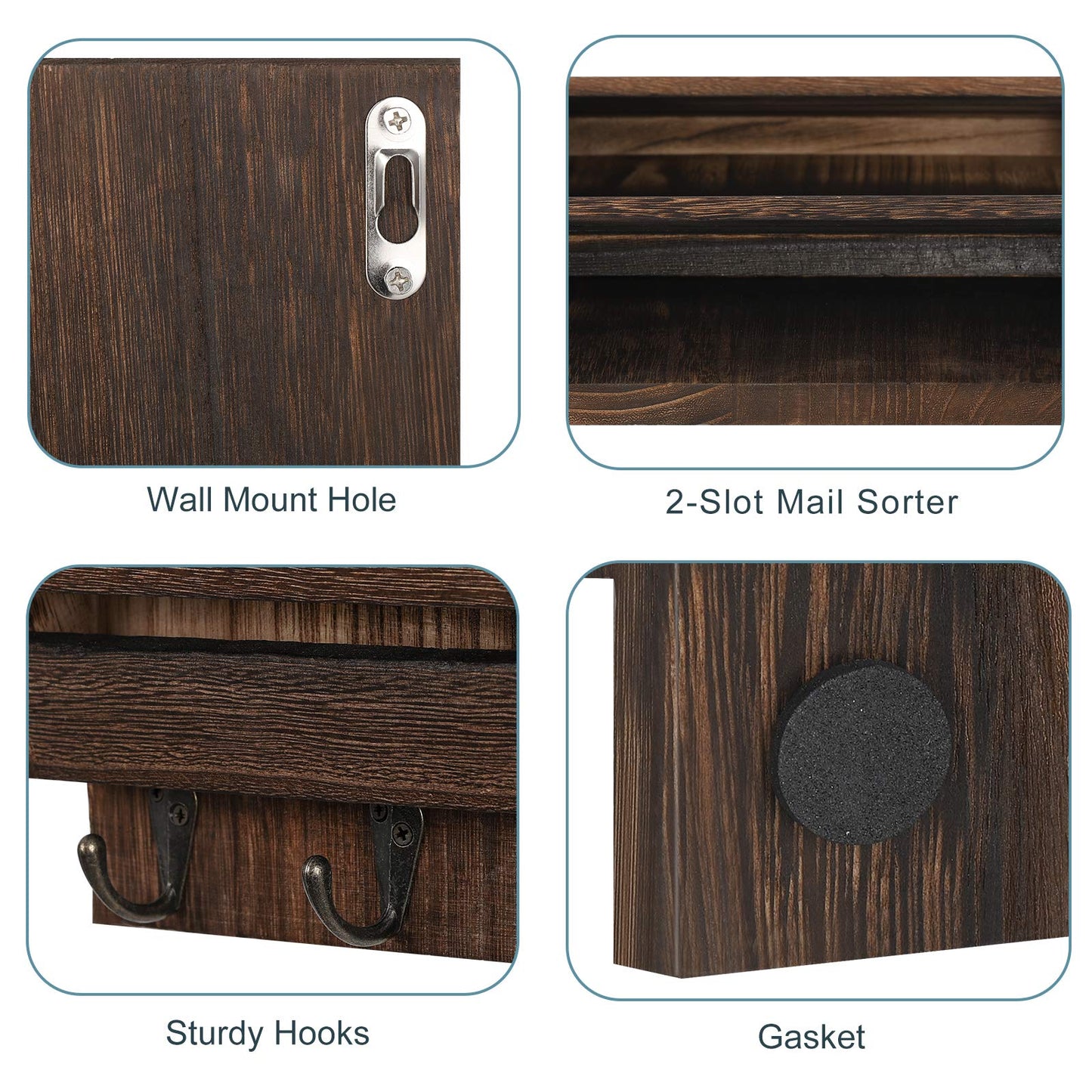 BTY Mail Holder for Wall, Wooden Mail Sorter with 4 Key Hooks, 2 Slot Wall Mounted Mail Sorter Letter Bills Newspaper Magazine Organizer for Entryroom Hallway Office Garage, Rustic Brown