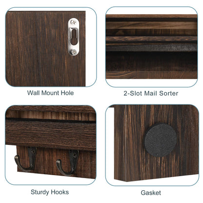 BTY Mail Holder for Wall, Wooden Mail Sorter with 4 Key Hooks, 2 Slot Wall Mounted Mail Sorter Letter Bills Newspaper Magazine Organizer for Entryroom Hallway Office Garage, Rustic Brown