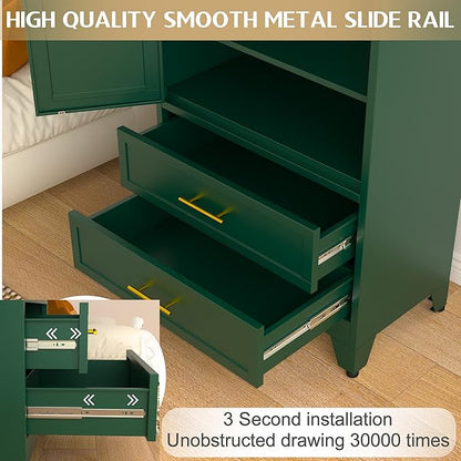GAIOUS 71" Wardrobe Cabinet with 2 Doors, 1 Adjustable Shelf and 2 Drawers | Metal Clothing Storage Cabinets with Hanging Rod, Armoire Wardrobe Closet for Bedroom, Cloak Room, Gym (Green)
