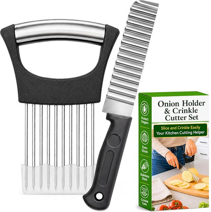 Onion Holder for Slicing & Crinkle Cutter Knife, 2 Piece Kitchen Prep Tool Set, Stainless Steel Onion Slicer Prongs, Wavy Knife, Potato Cutter for Fries, Tomato, Cucumber, Carrot