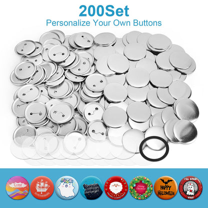 200 Sets 2.25 Inch Button Maker Supplies, 58mm Round Badge Parts with Metal Covers, Plastic Pin Backs, Clear Film & Blank Paper, Perfect for Button Maker Machine & Badge Press