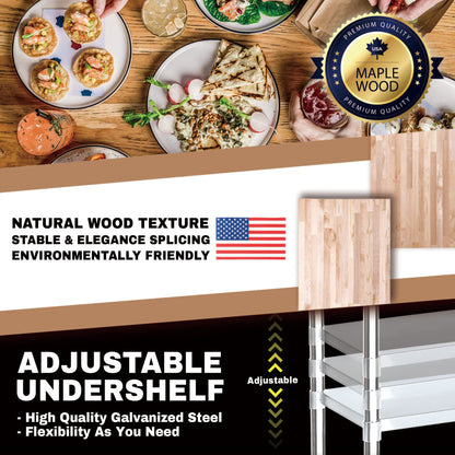 DuraSteel US Maple Top Work Table - 24 x 60 x 35 Inch Commercial Butcher Block Wooden Workbench with Adjustable Lower Shelf - Fits Restaurant, Warehouse, Home, Kitchen, Garage