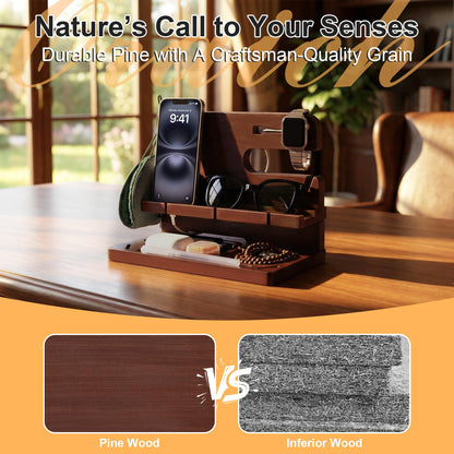 Oraich Wooden Phone Docking Station for Men, Nightstand & Desktop Organizer, Charging Stand for Phone, Watch, Wallet, ipad, Keys & Essentials