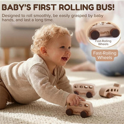 MINYMOON Wooden Toys for 1 Year Old – Montessori Baby Toy Set with Bus, Airplane & Boat – Minimalist Nursery Decor & Teething Safe Infant Toys for Boys and Girls – 3 Piece Ergo-Fit Toddler Car Set