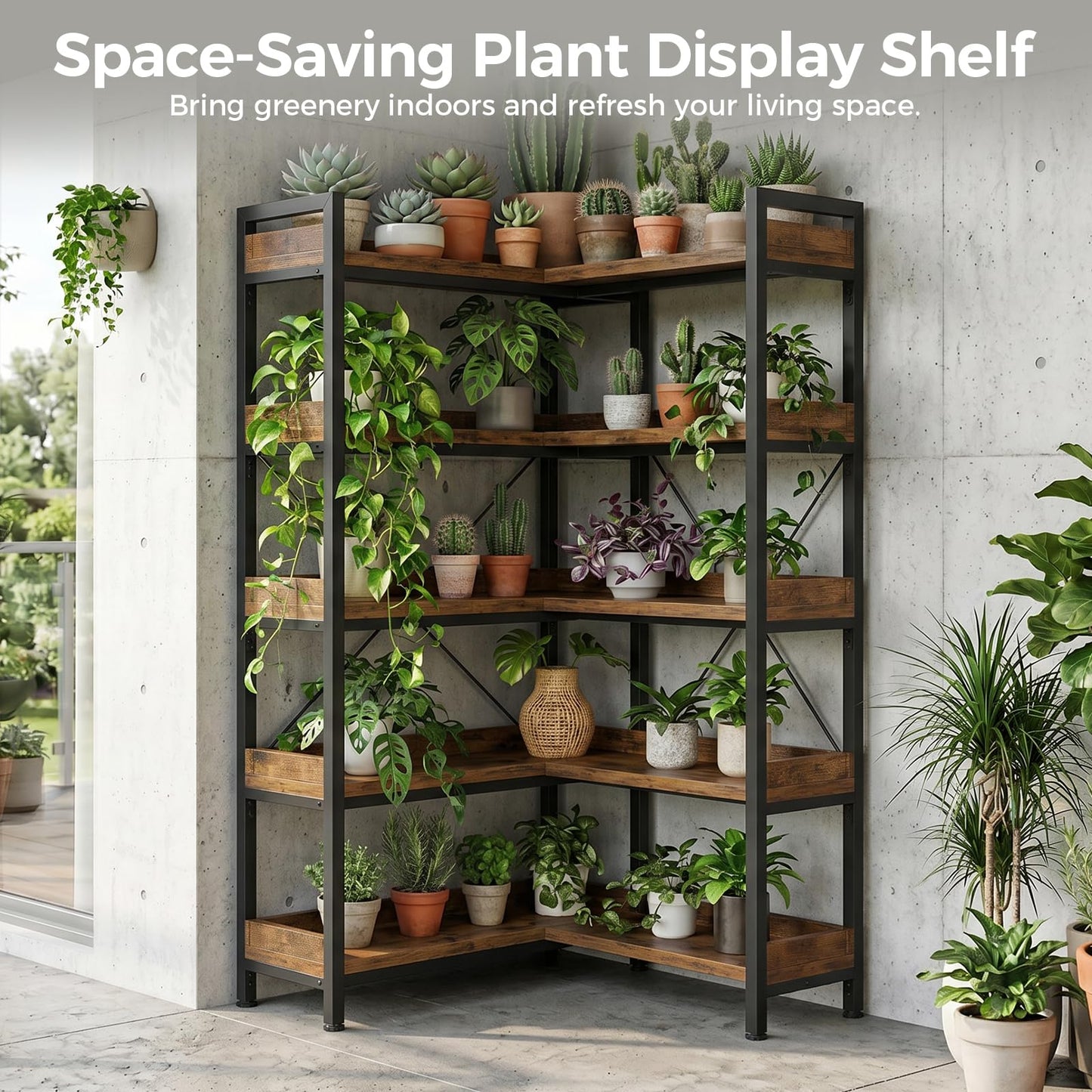 GTPLAYER 5-Tier Corner Bookshelf, L-Shaped Metal Frame Shelf with Tall 14" Shelves, Plant Stand and Storage Rack for Small Spaces, Living Room and Home Office, Brown