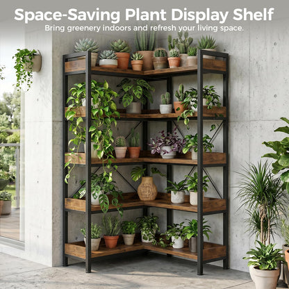 GTPLAYER 5-Tier Corner Bookshelf, L-Shaped Metal Frame Shelf with Tall 14" Shelves, Plant Stand and Storage Rack for Small Spaces, Living Room and Home Office, Brown