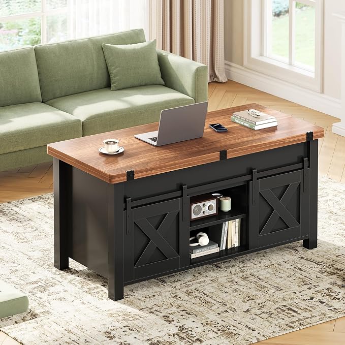 SEDETA Lift Top Coffee Table, 4 in 1 Multi-Function Convertible Coffee Tables with Storage and Hidden Compartment, Farmhouse Coffee Table Converts to Dining Table for Living Room, Black Brown