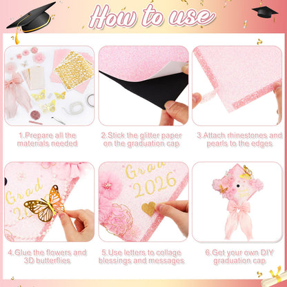Wavwavw 58 Pcs DIY Graduation Cap Decorations Kit Grad Cap Decor Included Faux Flowers Bow Mesh 3D Butterfly Stickers, Adhesive Rhinestones, Glitter Letter Stickers, for 2026 Grad Party(Pink)