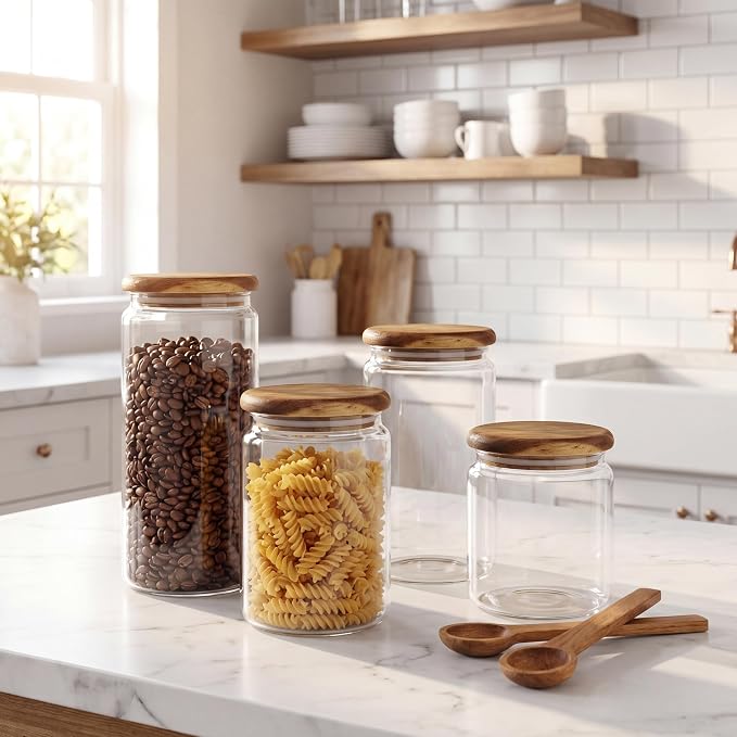 2-Pack 67 fl oz Large Wide Mouth Mason Jars with Spoon & Labels, Acacia Wood Lids & Press Seal, No Plastic, for Coffee Beans, Ground Coffee, Spice & Dry Food Storage, Pantry Organization.