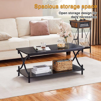 VECELO Coffee Table for Living Room with Round Corners Modern Farmhouse Center Table with Storage Shelf for Home Office 39 Inch, Easy Assembly, Classic Black