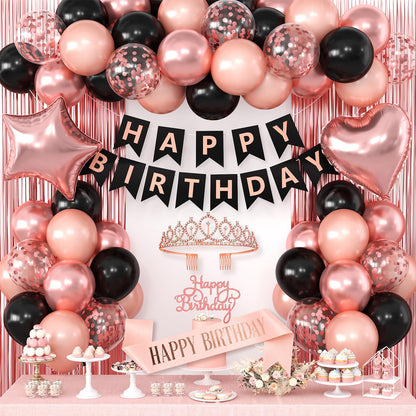Black Rose Gold Birthday Decorations for Women Girls,Rose Gold Latex Balloons with Happy Birthday Banner,Fringe Curtain,Cake Topper,Sash and Crown for Birthday Party Supplies