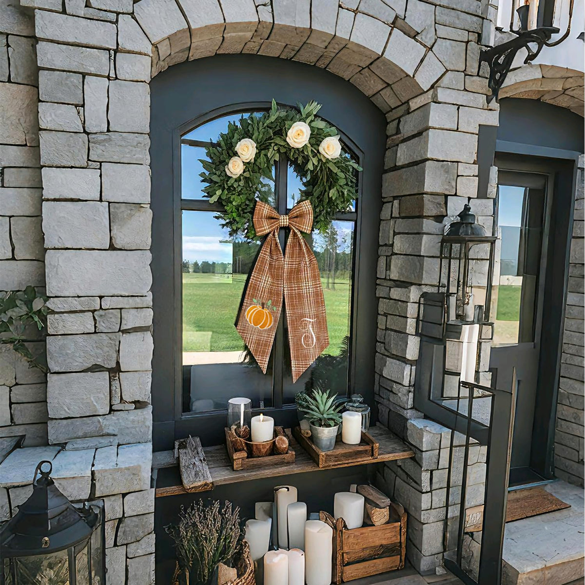 Autumn Door Wreath Sash Embroidered with White Letters and Pumpkins On A Plaid Wreath Sash Ideal for Housewarming Gifts, Autumn Thanksgiving, Halloween, and Christmas Porch Decorations -T