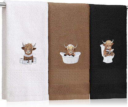 3 Pcs Highland Cow Hand Towels for Bathroom Embroidered Bathroom Towels